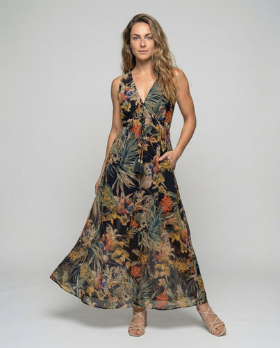 Damen Tropenprint Smok-Wickelmaxikleid