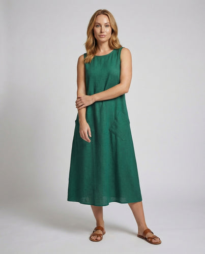 Damen nan ärmelloses A-Linien‑Maxikleid mit aufgesetzten Diagonaltaschen und strukturierter Leinenoptik EB