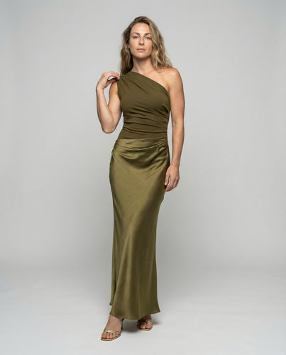 Damen nan asymmetrisches Ein-Schulter-Abendkleid mit taillierter Drapierung und fließendem Maxirock EB