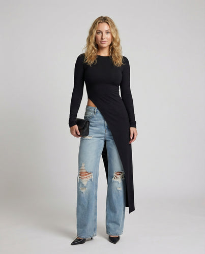 Damen nan asymmetrisches Langarm-Jersey-Top mit seitlichem Hüftschlitz und extra langer Drapé‑Schleppe EB
