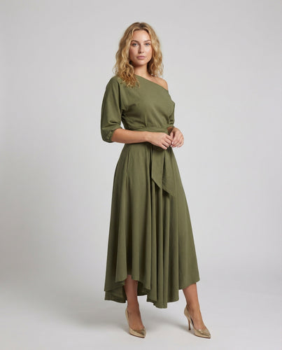 Damen nan asymmetrisches Midikleid mit einseitigem Schulterfreischnitt, taillierendem Bindegürtel, tiefen Eingrifftaschen und fließendem Tellerrock EB