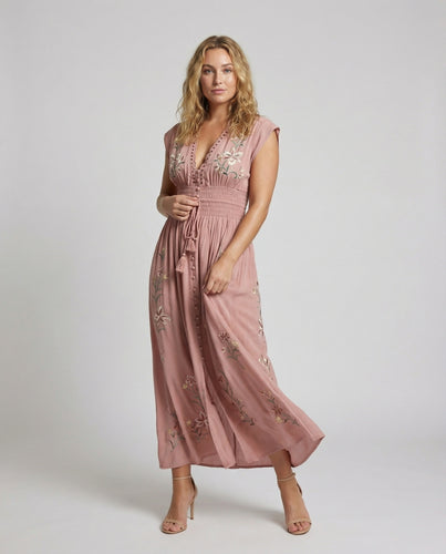 Damen nan besticktes bodenlanges Strandkleid mit Smokbund, V-Ausschnitt und Spitzeneinsatz EB