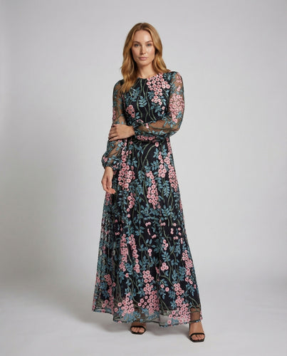 Damen nan besticktes Tüll-Maxikleid mit offenem Rückendetail und langen Ärmeln EB