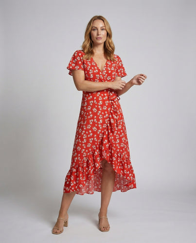 Damen nan boho-inspiriertes Wickel-Midikleid mit V-Ausschnitt, hohem Beinschlitz, taillierter Raffung und Volant-Saum EB