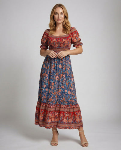 Damen nan Boho-Maxikleid mit Smokoberteil, eckigem Ausschnitt und Stufenvolant EB