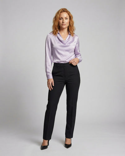 Damen nan drapierte Satin-Hemdbluse mit Wasserfall-Ausschnitt, klassischem Kragen und schmalen Manschetten EB