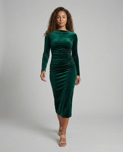 Damen nan elegantes Samt-Midikleid figurbetont mit Boot-Ausschnitt langen Ärmeln und taillierter Raffung EB