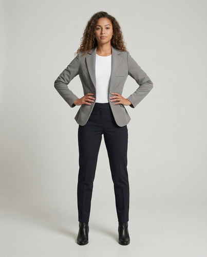 Damen nan femininer Kurzblazer mit geschwungenem Saum, krempelbaren Dreiviertelärmeln und Pattentaschen EB