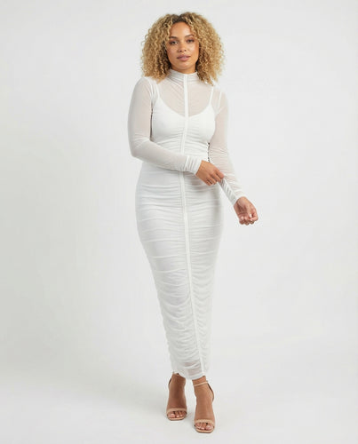 Damen nan figurbetontes gerafftes Maxikleid mit Mesh‑Einsatz, Stehkragen und langen Bindärmeln EB