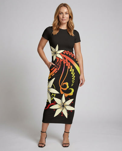 Damen nan figurbetontes Maxikleid mit polynesisch-inspiriertem Muster, Rundhalsausschnitt und Kurzärmeln EB
