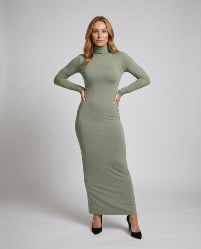 Damen nan figurbetontes Maxikleid mit Rollkragen langem Ärmel aus stretchigem Jersey und taillierter Silhouette EB