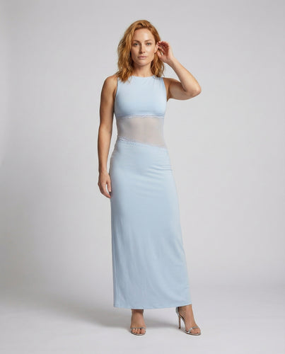 Damen nan figurbetontes Maxikleid mit transparentem Spitzeneinsatz in der Taillenpartie und schlanker bodenlanger Silhouette EB