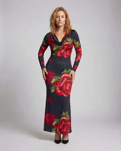 Damen nan figurbetontes Maxikleid mit Wasserfall-Dekolleté, taillierter Drapierung und großem Rosenprint EB