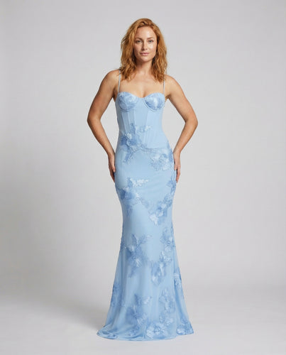 Damen nan figurbetontes Meerjungfrauen-Abendkleid mit Bügel‑Corsage, Spaghettiträgern und floraler dreidimensionaler Stickerei EB