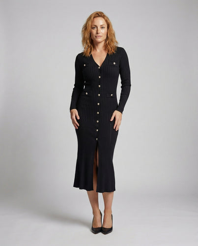 Damen nan figurbetontes Midikleid aus elastischem Rippstrick mit V-Ausschnitt, durchgehender Knopfleiste und ausgestelltem Volantsaum EB