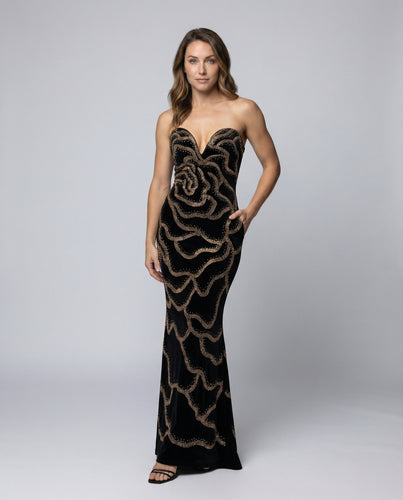 Damen nan figurbetontes trägerloses Abendkleid mit herzförmigem Dekolleté, strukturierter Korsage und Paillettenornament EB