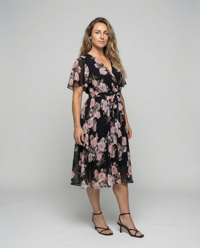 Damen nan figurschmeichelndes Midikleid mit Wickeloptik V-Ausschnitt Bindegürtel und luftiger Chiffonlage EB