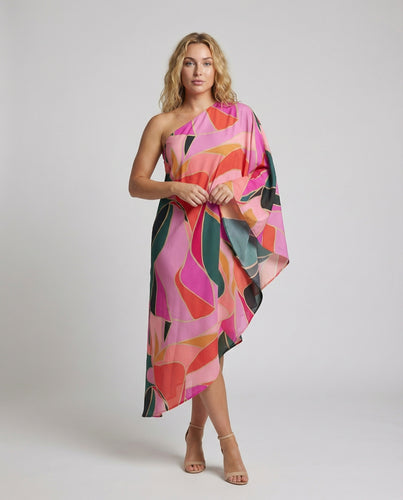 Damen nan fließendes Ein-Schulter-Kaftankleid mit weitem Fall und abstraktem Print EB