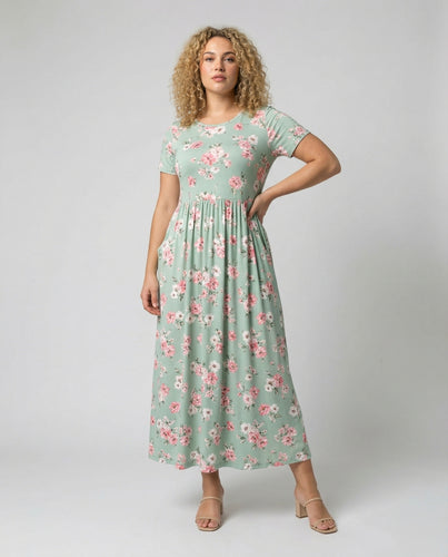Damen nan fließendes Jersey-Maxikleid mit V-Ausschnitt, geraffter Taille und Seitentaschen EB