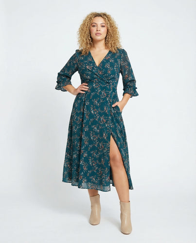 Damen nan fließendes Maxi-Wickelkleid mit V-Ausschnitt, Taillenzug und hohem Beinschlitz EB
