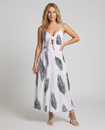 Damen nan fließendes Maxikleid mit Spaghettiträgern, Knoten-Bustier und Pfauenfeder-Print EB