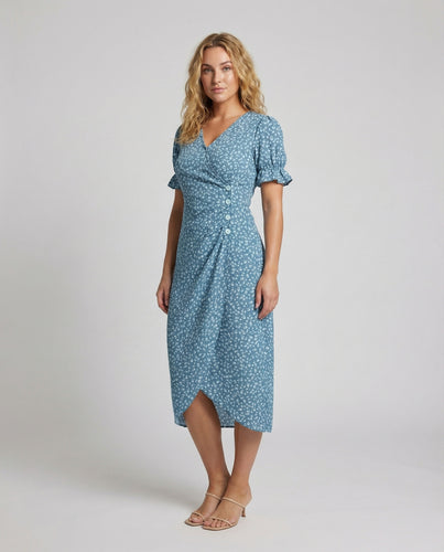 Damen nan fließendes Midikleid mit Wickeloptik V-Ausschnitt Puffärmeln und seitlicher Knopfleiste EB