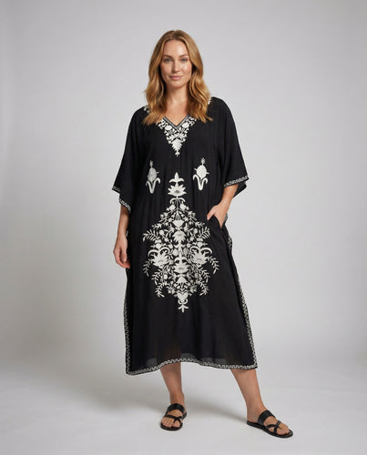 Damen nan fließendes V-Ausschnitt-Kaftankleid mit floraler Stickerei, seitlichem Schlitz und Dreiviertelärmeln EB
