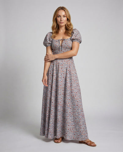 Damen nan floral bedrucktes Maxi-Kleid mit Korsagenoberteil, Puffärmeln und hohem Beinschlitz EB