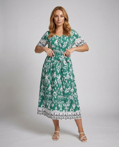 Damen nan florales A-Linien-Wickelkleid mit V-Ausschnitt, kurzen Ärmeln und taillierendem Bindegürtel EB