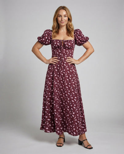 Damen nan florales Midikleid mit eckigem Bustier-Ausschnitt, Zierkordel und voluminösen Puffärmeln EB