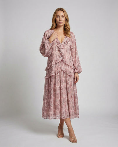 Damen nan gefüttertes Chiffon-Maxi-Kleid mit Paisley-Volantstufen V-Ausschnitt und Ballonärmeln EB