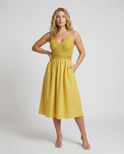 Damen nan gehäkeltes Spaghettiträger-Midikleid mit floraler Stickerei und schmeichelnder A-Linien-Silhouette EB