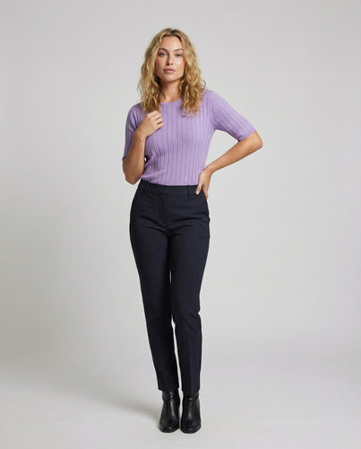 Damen nan gerippter Kurzarm-Feinstrickpullover mit Rundhalsausschnitt und leichtem Oversize-Schnitt EB