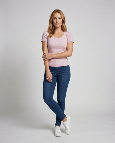Damen nan geripptes kurzärmeliges Baumwollshirt mit Rundhalsausschnitt EB