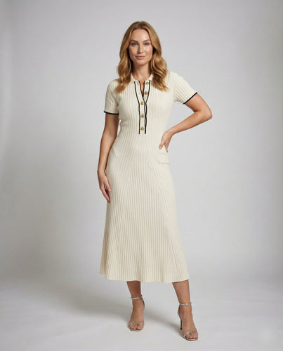 Damen nan geripptes Polokleid Midilänge mit taillierter A-Linien-Silhouette, Polokragen und kontrastierender Knopfleiste EB