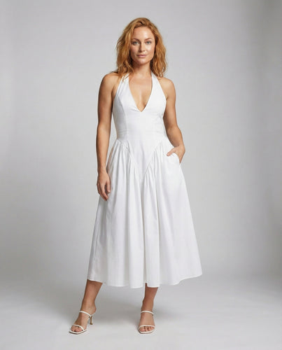 Damen nan Halterkleid mit konturiertem Korsagenoberteil, tiefem V-Ausschnitt und voluminösem Godet Maxirock EB