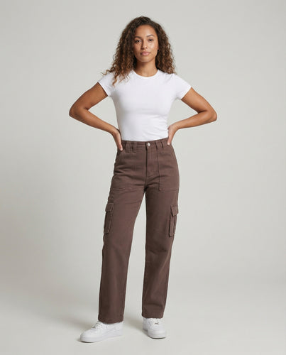 Damen nan hochgeschnittene Cargohose aus Jeansstoff mit geradem Bein, großen Pattentaschen und funktionalen Details EB