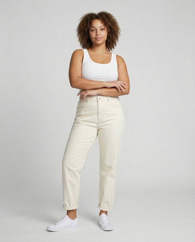 Damen nan hochgeschnittene gerade Jeans mit taillierendem Bund, konischer Knöchelpartie und Fünf-Taschen-Design EB