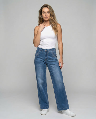 Damen nan hochgeschnittene Palazzo-Jeans mit weitem Bein, komfortablem Bund und dezenten Verwaschungen EB