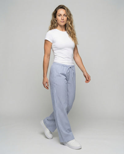 Damen nan hochgeschnittene Palazzohose im Lounge-Stil mit elastischem Komfortbund, Tunnelzug und feiner Längsstreifenstruktur EB