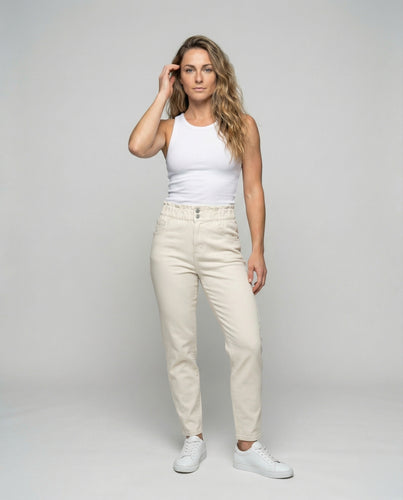 Damen nan hochgeschnittene Rüschbund-Jeans mit elastischem Komfortbund schmaler Knöchellänge und klassischem Taschenaufbau EB