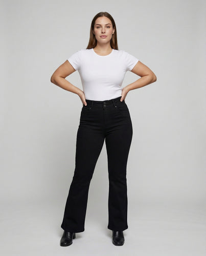 Damen nan hochgeschnittene Schlagjeans aus Stretch-Denim mit Doppelknopf und figurbetonter Oberschenkelpartie EB