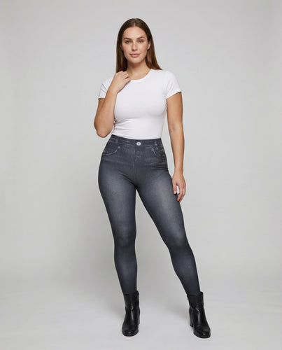 Damen nan hochgeschnittene Skinny-Jeggings in Jeansoptik mit Doppelknopf und figurformendem Schnitt EB