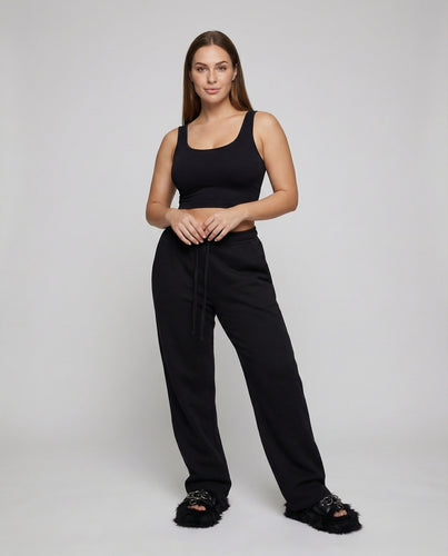 Damen nan hochgeschnittene Sweatpalazzohose mit elastischem Tunnelzugbund, Ziernaht und tiefen Eingrifftaschen EB