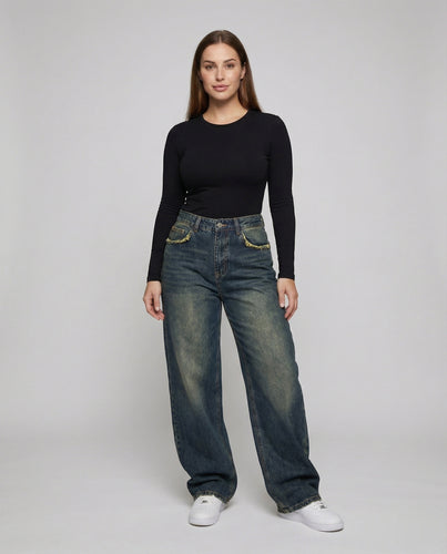 Damen nan hochgeschnittene weite Baggy-Jeans mit Vintage-Waschung und Kettendetail EB