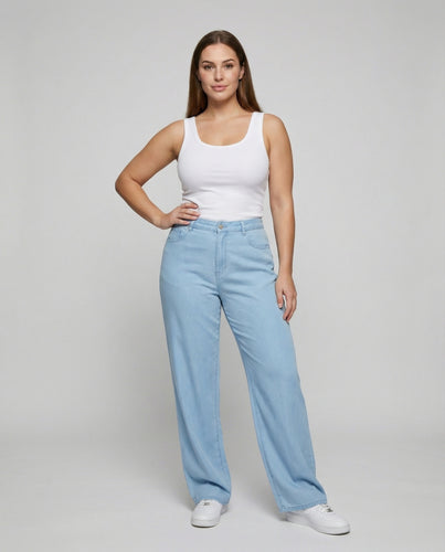 Damen nan hochgeschnittene weite Denimhose mit Plissee, elastischem Bund und wärmendem Teddyfutter EB