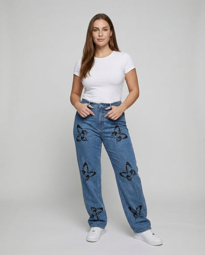 Damen nan hochgeschnittene weite Jeans mit Schmetterlings-Print, lässiger Silhouette und klassischem Taschen-Design EB