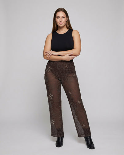 Damen nan hochgeschnittene weite Meshhose mit floraler Perlen- und Paillettenstickerei EB