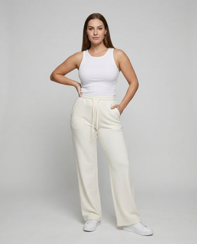 Damen nan hochgeschnittene weite Palazzo-Loungehose aus weichem Jersey mit Kordelzug EB