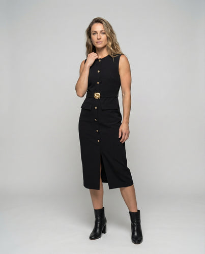 Damen nan knopfbesetztes tailliertes Midikleid mit Ziergürtel, aufgesetzten Pattentaschen und vorderem Schlitz EB